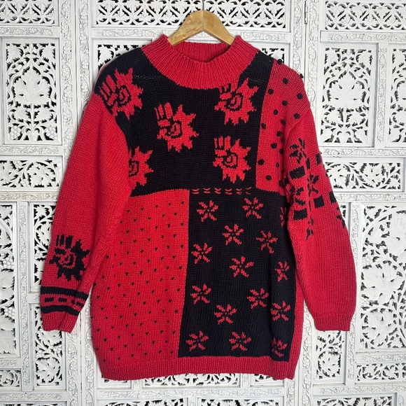Vintage Black & Red Patchwork Chunky Mockneck Grannycore Grandpa Sweater Sz S - Picture 1 of 8